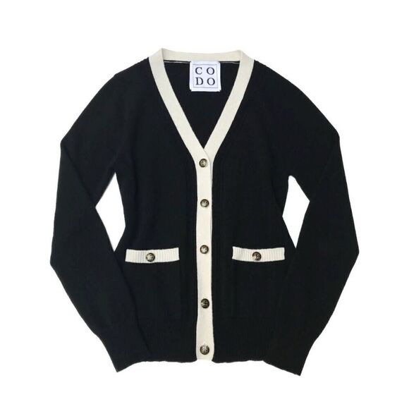 CODO Women's S Button Down Cardigan Sweater Black Cream 100% Cashmere Old Money - Picture 1 of 11